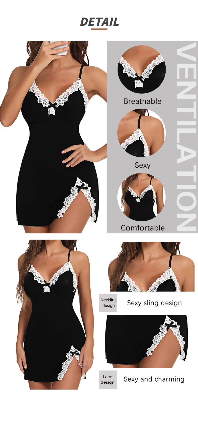 Nuisette Femme Soie Satin Sexy — Sans Manches, Col V, Fente, Lingerie Été