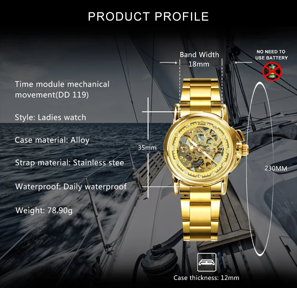 Montre Automatique Femme WINNER Squelette Or — Luxe Glacé, Acier Inoxydable, Élégante