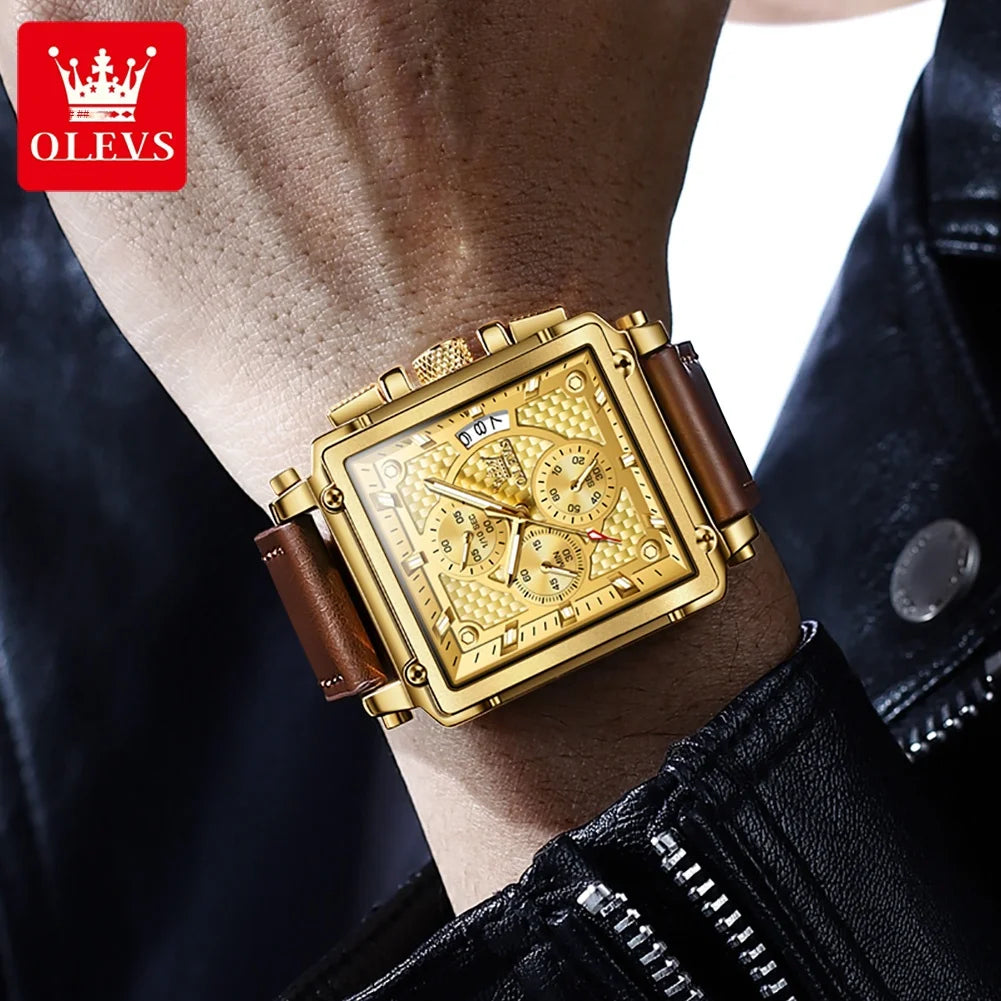 Montre Homme OLEVS Carrée Luxe Quartz — Étanche, Lumineux, Chronographe, Relogio