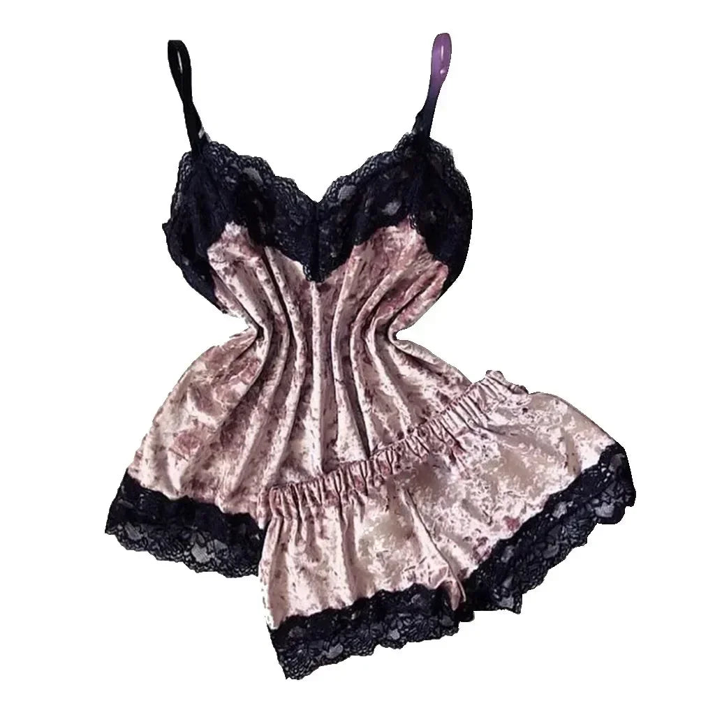 Pyjama Femme Dentelle Satin 2 Pièces — Top Court & Short, Sexy Lounge Été