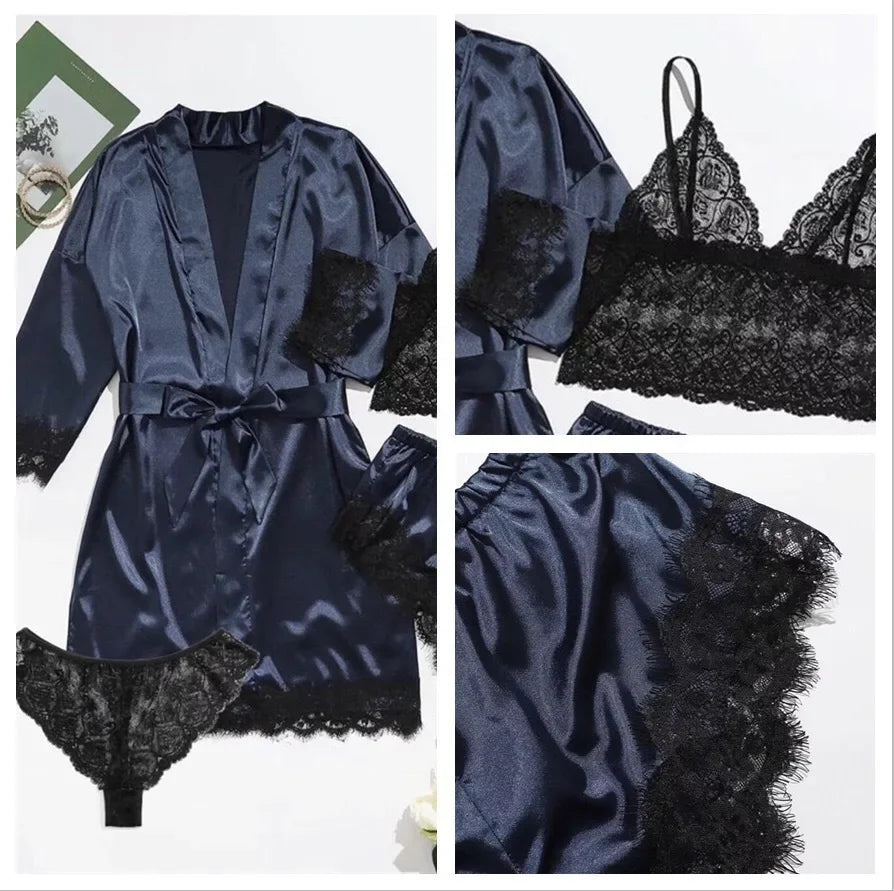 Ensemble Lingerie Femme 4 Pièces Dentelle — Nuisette, Short, Robe de Chambre, Sexy