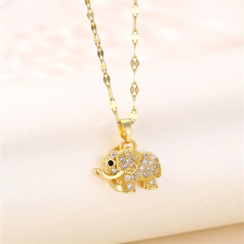 Collier Pendentif Éléphant Zircon Cubique — Cuivre Doré, Polyvalent, Homme & Femme
