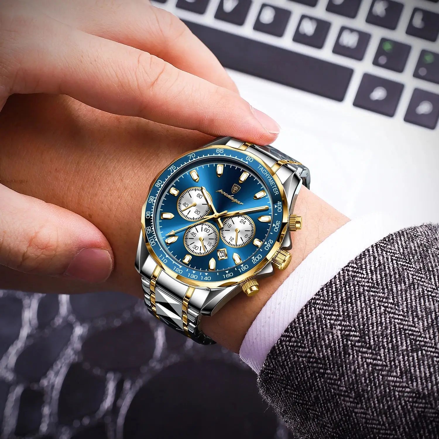 POEDAGAR Montre Homme Sport Luxe Chronographe — Acier Inoxydable, Étanche, Lumineuse