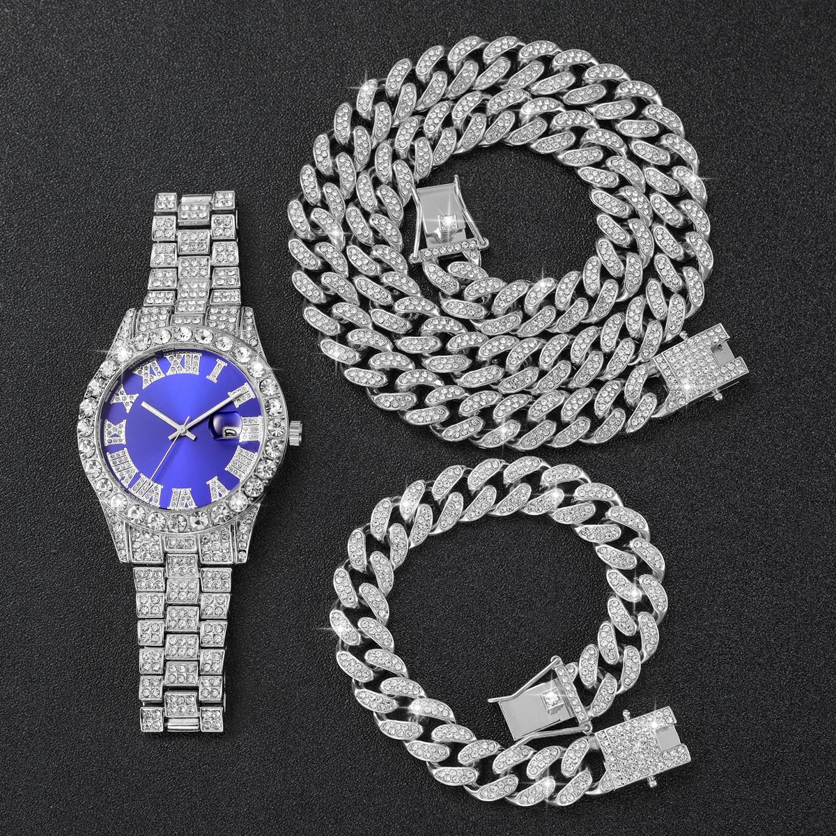 Coffret 3 Montres Homme Luxe Diamant — Cadran Roma, Acier, Quartz + Bijoux (Sans Boîte)