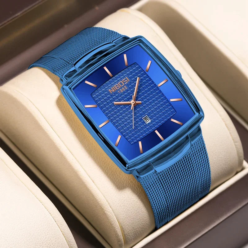 NIBOSI Montre Homme Luxe Carrée Quartz — Maille Ultra-Fine, Étanche, Lumineux