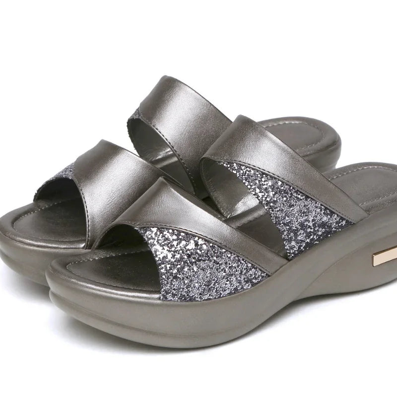 Sandales Femme Or Bout Ouvert — Plateforme Compensée, Talon Haut, Robe Été