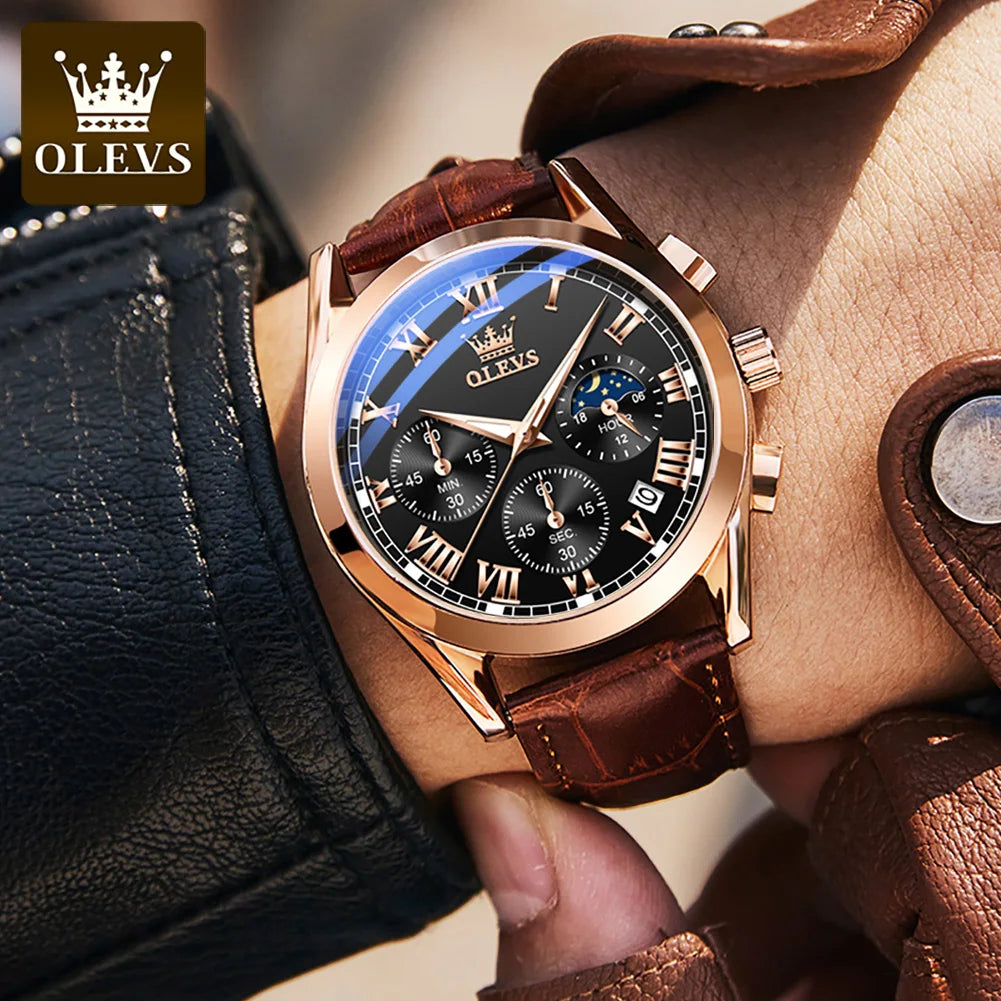 Montre Homme OLEVS 2871 Chronographe Phase de Lune — Étanche, Multifonction, Quartz Luxe
