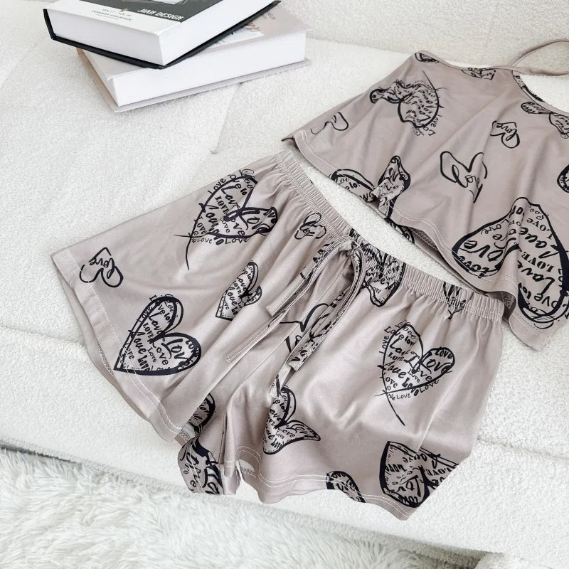 Pyjama Femme Soie Glacée Imprimé — Top Col Rond & Short, Respirant & Confortable
