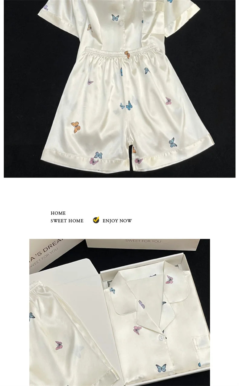 Ensemble Pyjama Femme 2 Pièces Imprimé Papillon — Satin Soie, Manches Courtes, Été