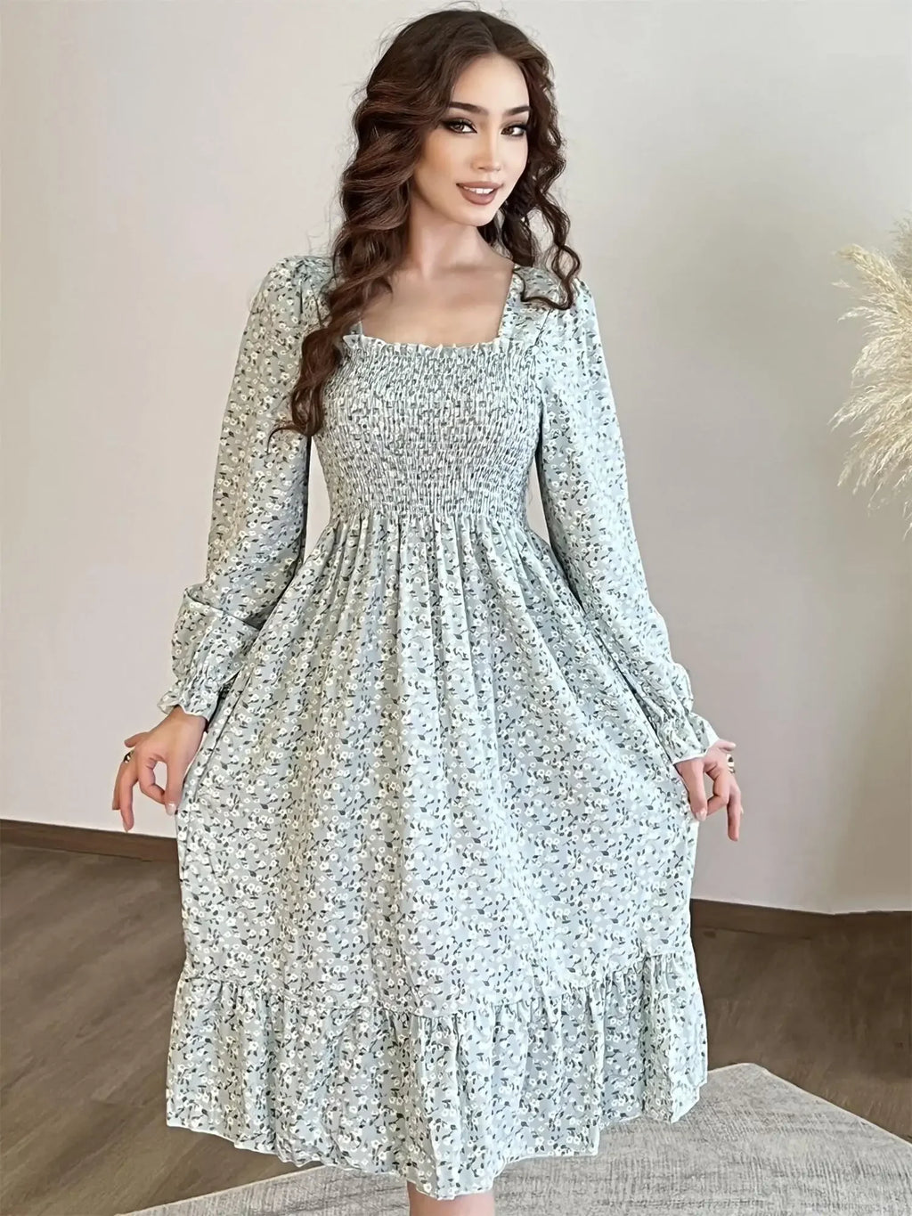 Robe Midi Femme Mousseline Manches Longues — Imprimé Floral Laçage