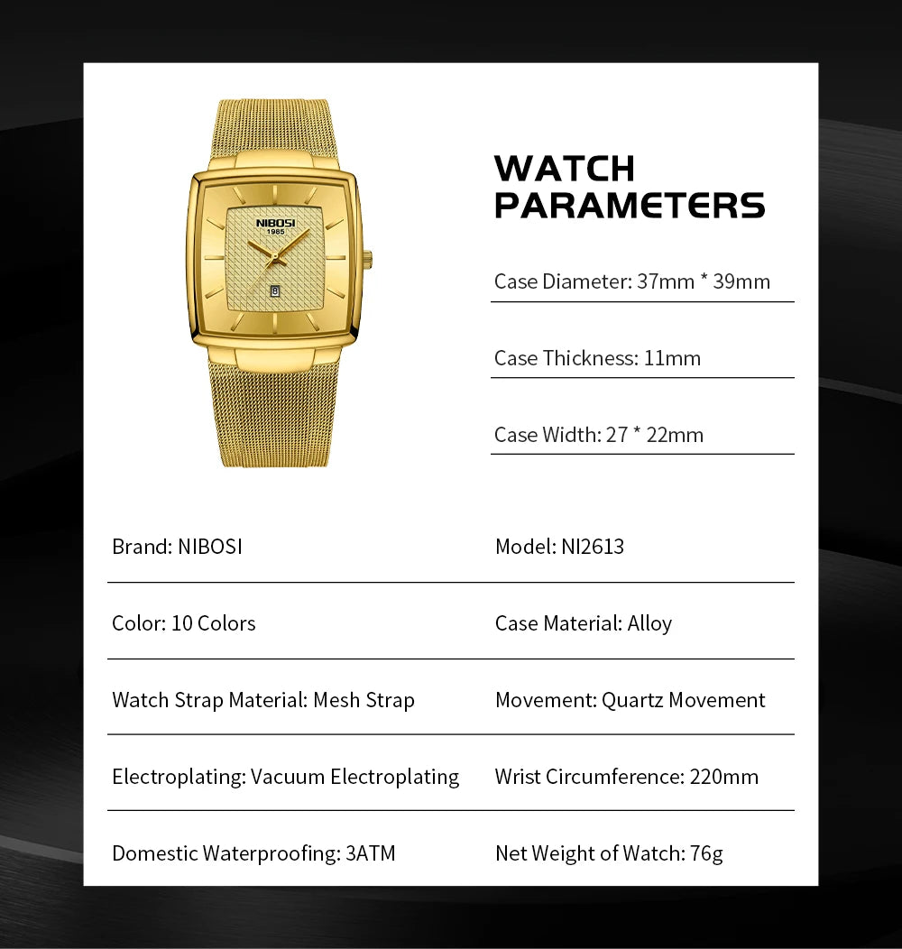 NIBOSI Montre Homme Luxe Carrée Quartz — Maille Ultra-Fine, Étanche, Lumineux
