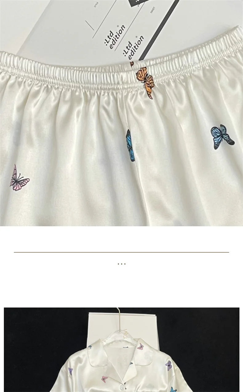 Ensemble Pyjama Femme 2 Pièces Imprimé Papillon — Satin Soie, Manches Courtes, Été