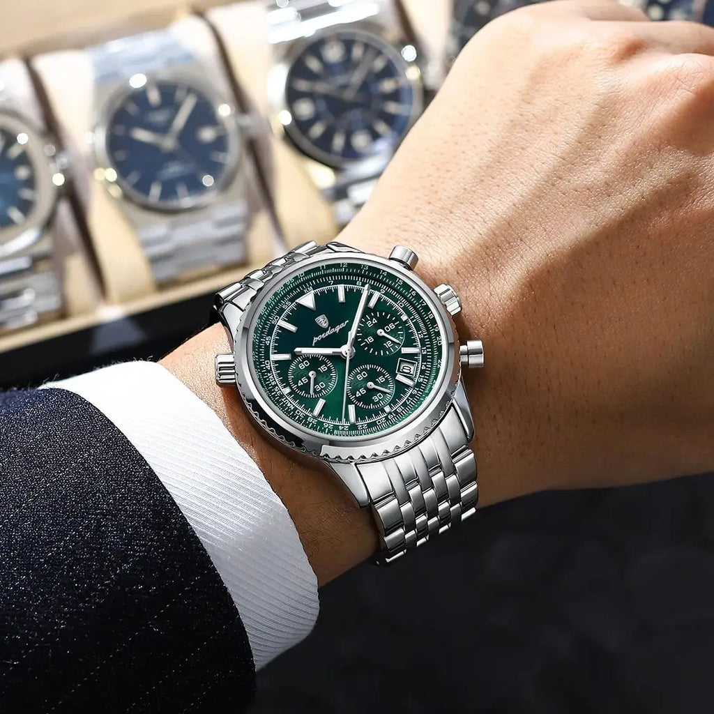 POEDAGAR Montre Homme Luxe Chronographe — Acier Inoxydable, Étanche, Sport Élégant