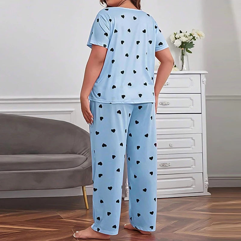 Pyjama Femme Grande Taille Imprimé Cœur — 2 Pièces Manches Courtes & Pantalon, Doux