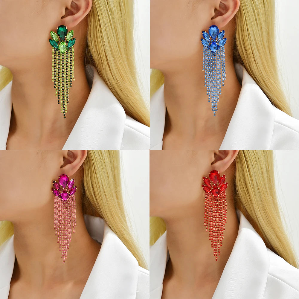 Boucles d'Oreilles Longues Pendantes Cristal Verre Femme — Franges Luxe, Cadeau Bijou