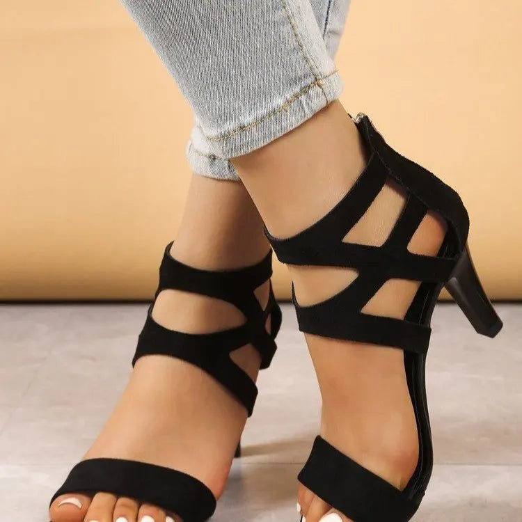 Sandales Femme Bout Ouvert Bandes Croisées — Talon Haut, Fermeture Dos, Noir