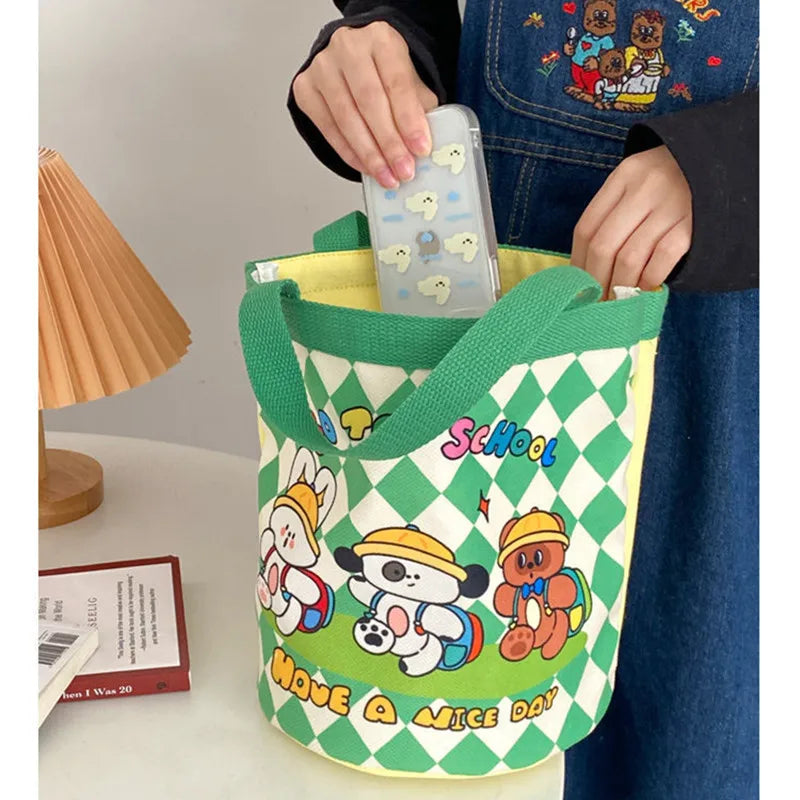 Sac Seau Toile Cartoon Imprimé — Tote Portable Cylindrique, Lunch Bag Fille Étudiante