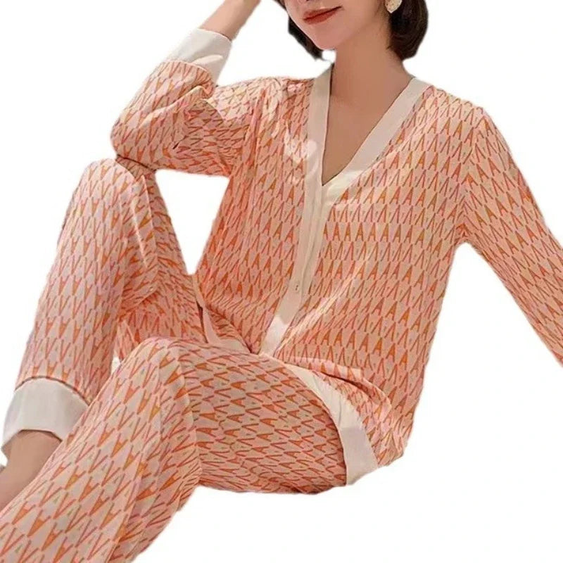 Pyjama Femme Soie Glacée 2 Pièces — Manches Longues, Ample & Confortable, Printemps-Été
