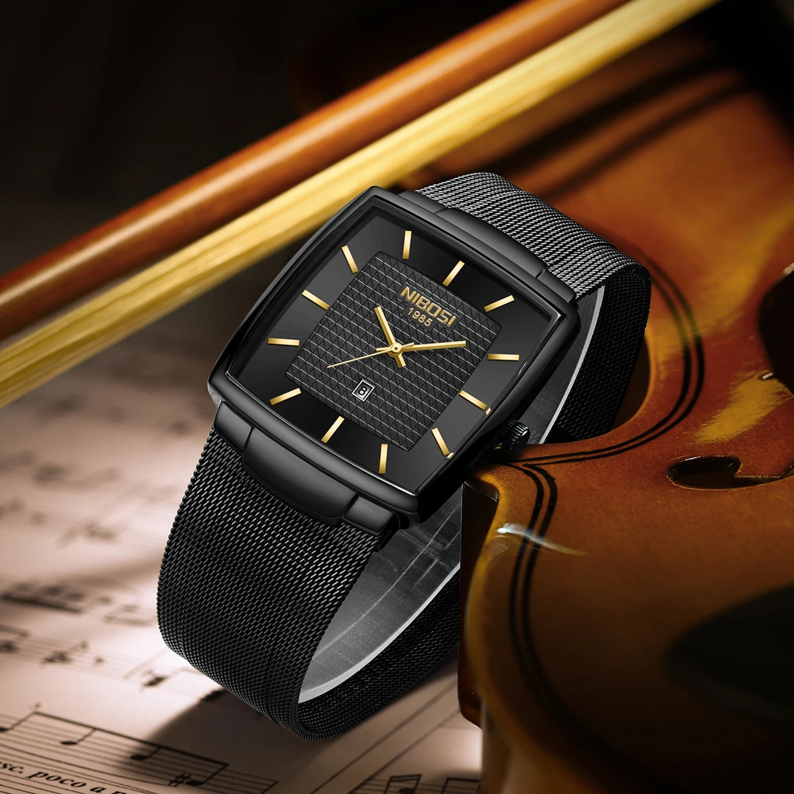 NIBOSI Montre Homme Luxe Carrée Quartz — Maille Ultra-Fine, Étanche, Lumineux