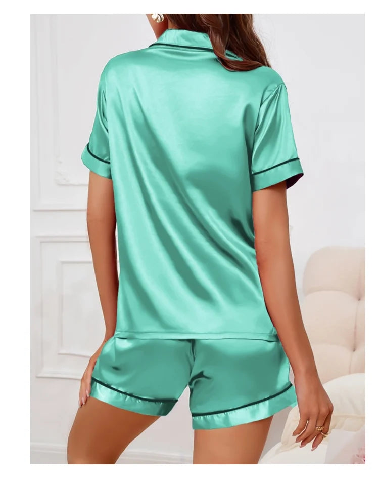 Pyjama Femme Satin Luxueux — 2 Pièces Manches Courtes, Col Chemise, Été