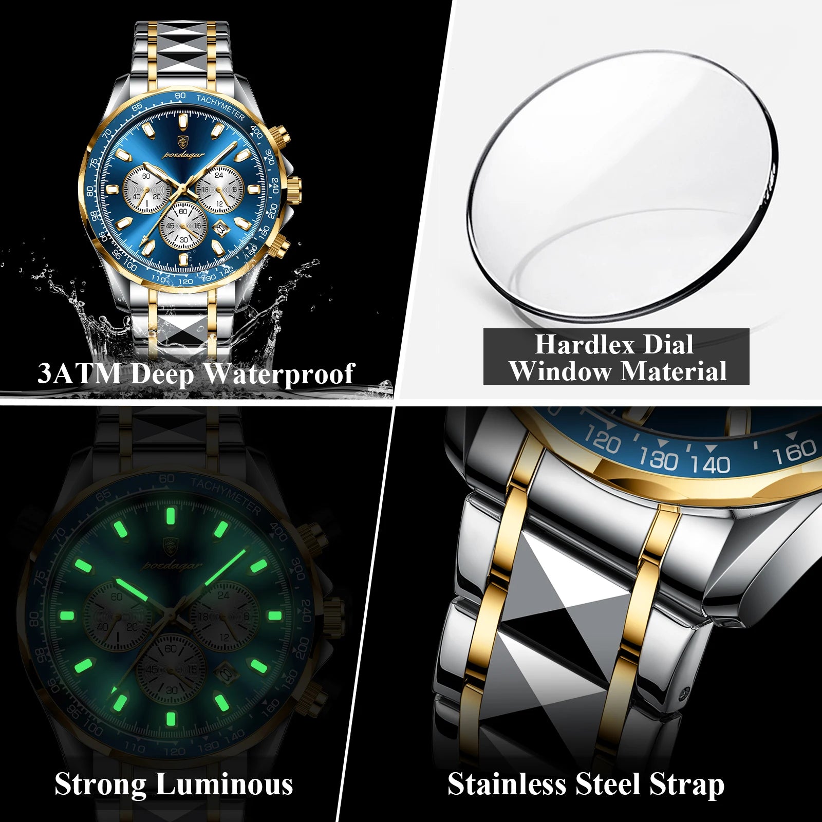 POEDAGAR Montre Homme Sport Luxe Chronographe — Acier Inoxydable, Étanche, Lumineuse