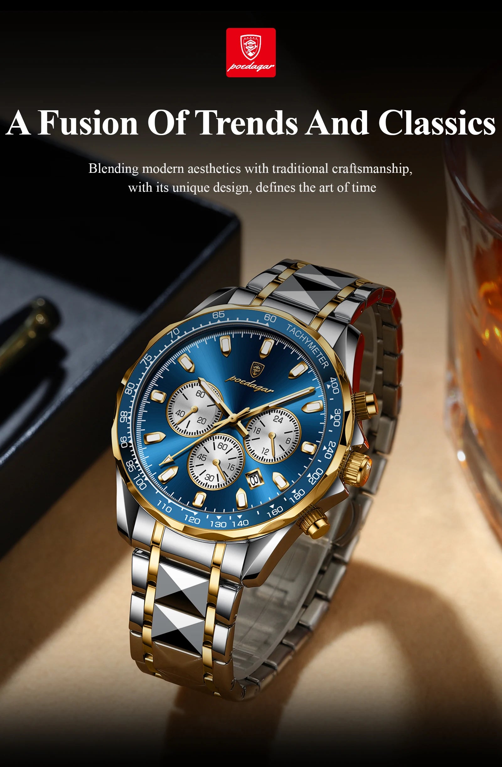 POEDAGAR Montre Homme Sport Luxe Chronographe — Acier Inoxydable, Étanche, Lumineuse