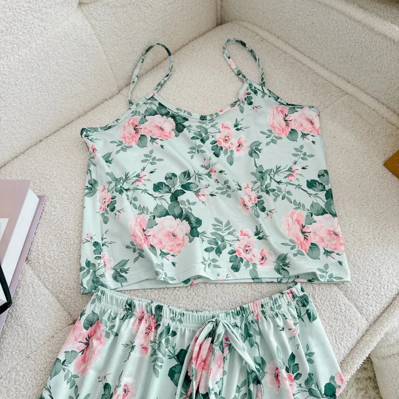 Pyjama Femme Soie Glacée Imprimé — Top Col Rond & Short, Respirant & Confortable