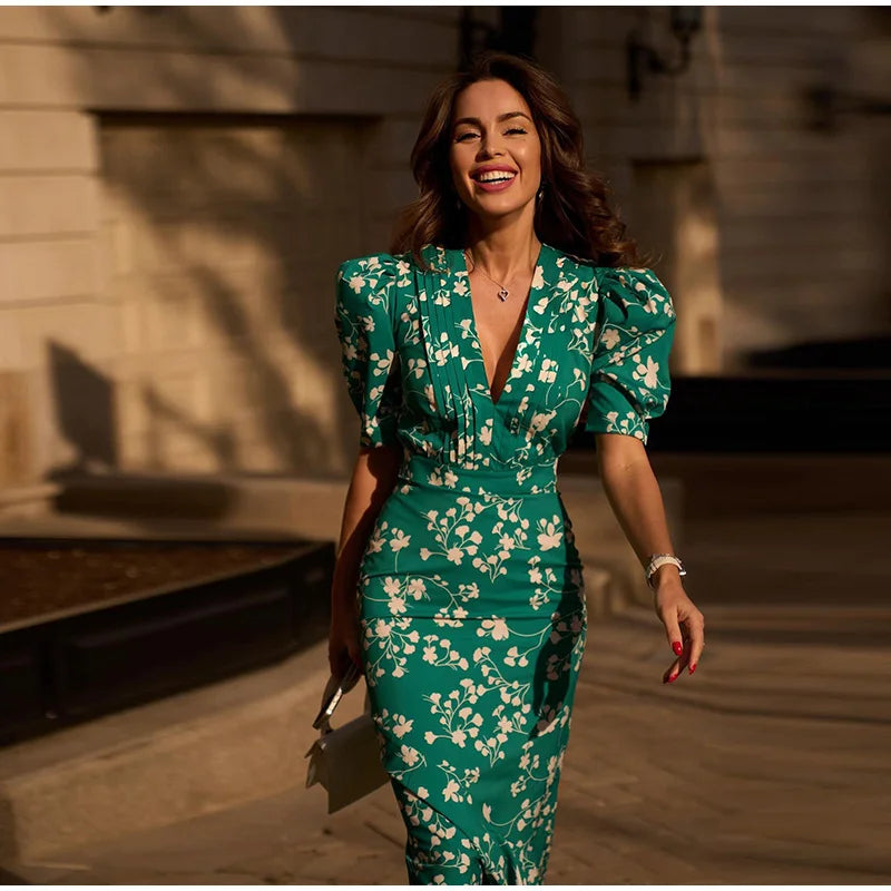 Robe Midi Imprimée Col V Profond — Manches Bouffantes, Taille Haute, Soirée 2026