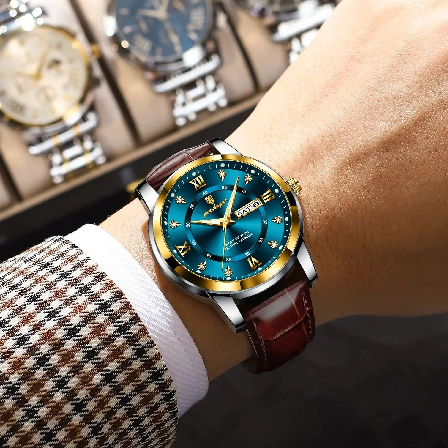 POEDAGAR Montre Homme Cuir Luxe — Quartz Élégant, Bracelet Cuir, Top Qualité