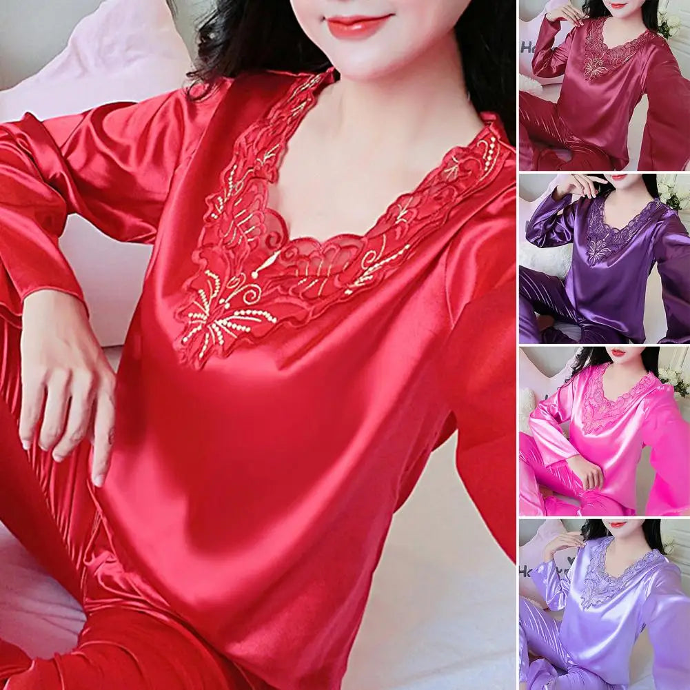 Pyjama Femme Soyeux Manches Longues 2025 — Col V, Dentelle Grande Taille, Lounge
