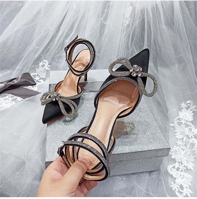 Escarpins Glitter Strass Noeud Soie Talon Fin — Bout Pointu, Boucle, Soirée Prom 2025