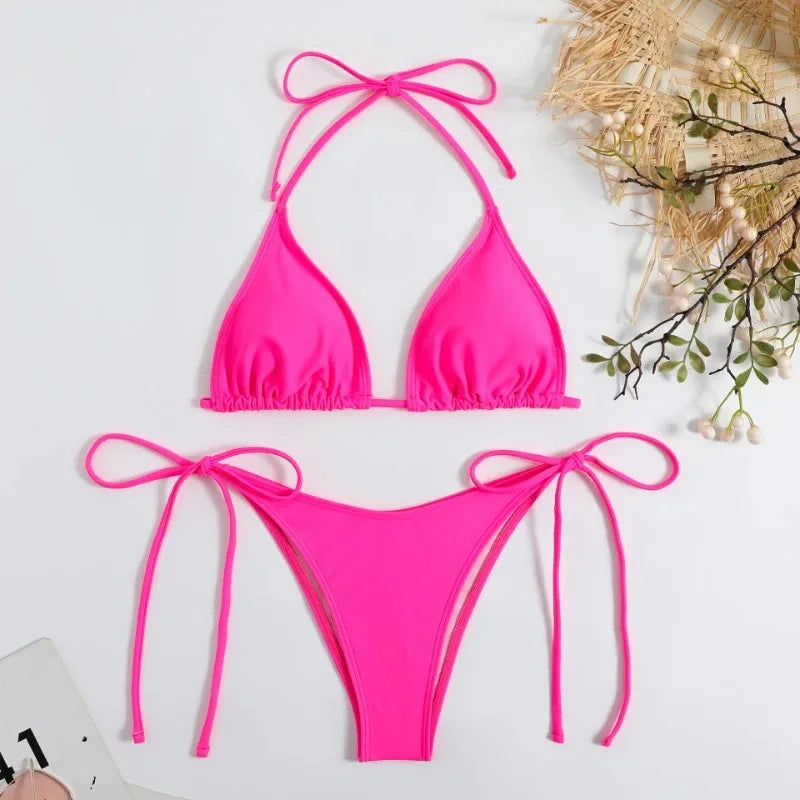 Bikini Femme Uni Tanga Halter — Ajustable, Style Brésilien, Maillot de Bain Plage