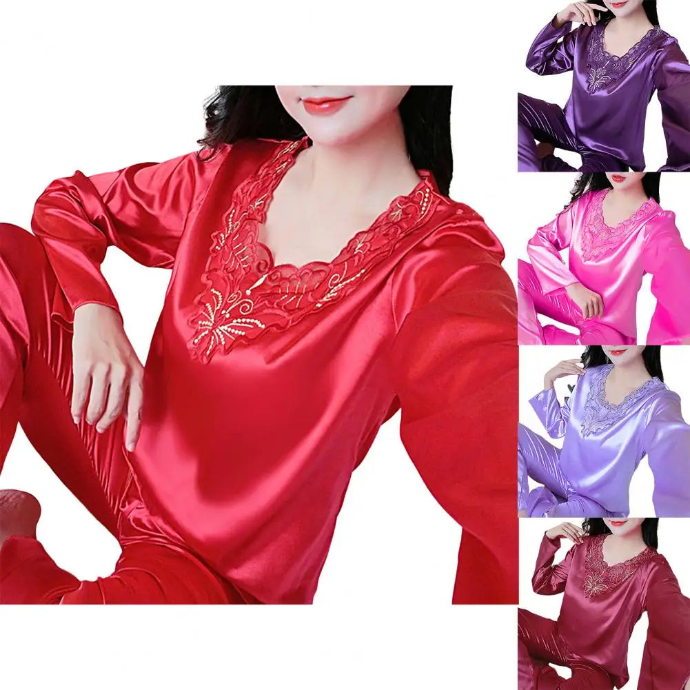Pyjama Femme Soyeux Manches Longues 2025 — Col V, Dentelle Grande Taille, Lounge
