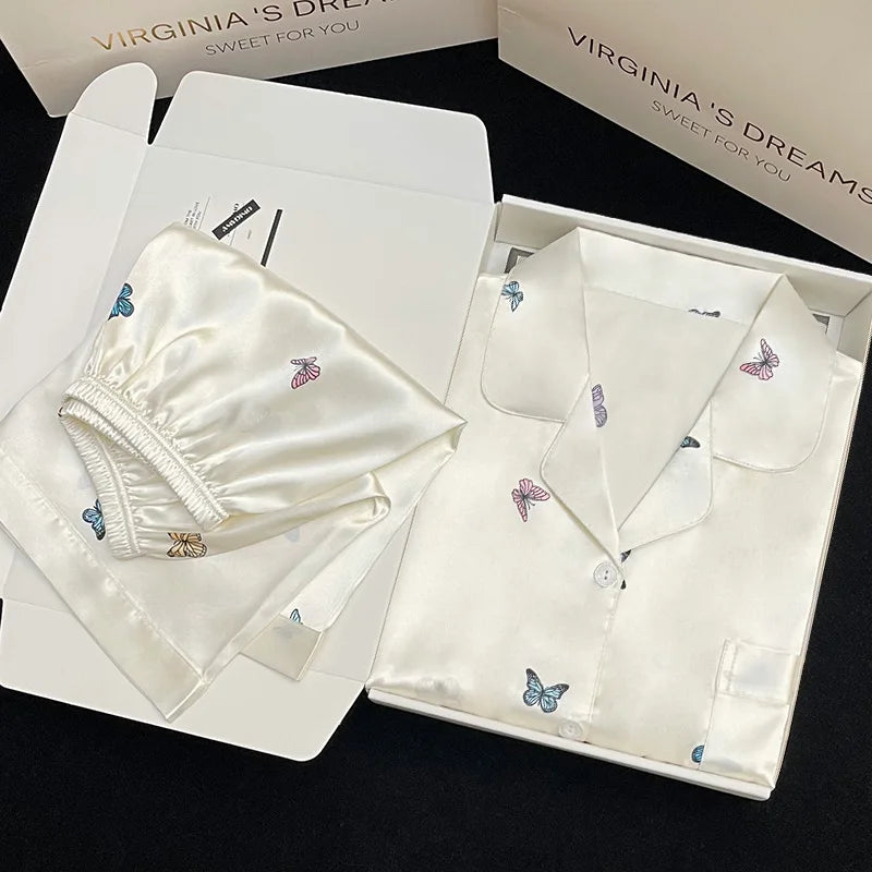 Ensemble Pyjama Femme 2 Pièces Imprimé Papillon — Satin Soie, Manches Courtes, Été