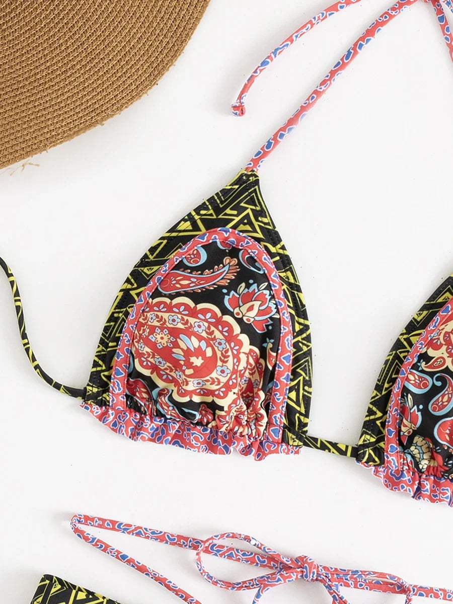 Bikini Halter Floral Volanté Femme — 2 Pièces, Tanga, Maillot de Bain Plage