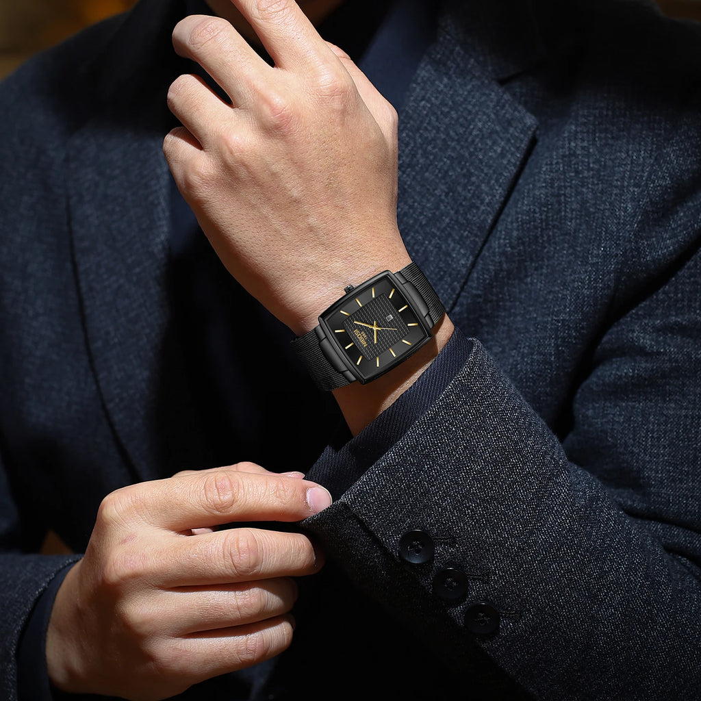 NIBOSI Montre Homme Luxe Carrée Quartz — Maille Ultra-Fine, Étanche, Lumineux