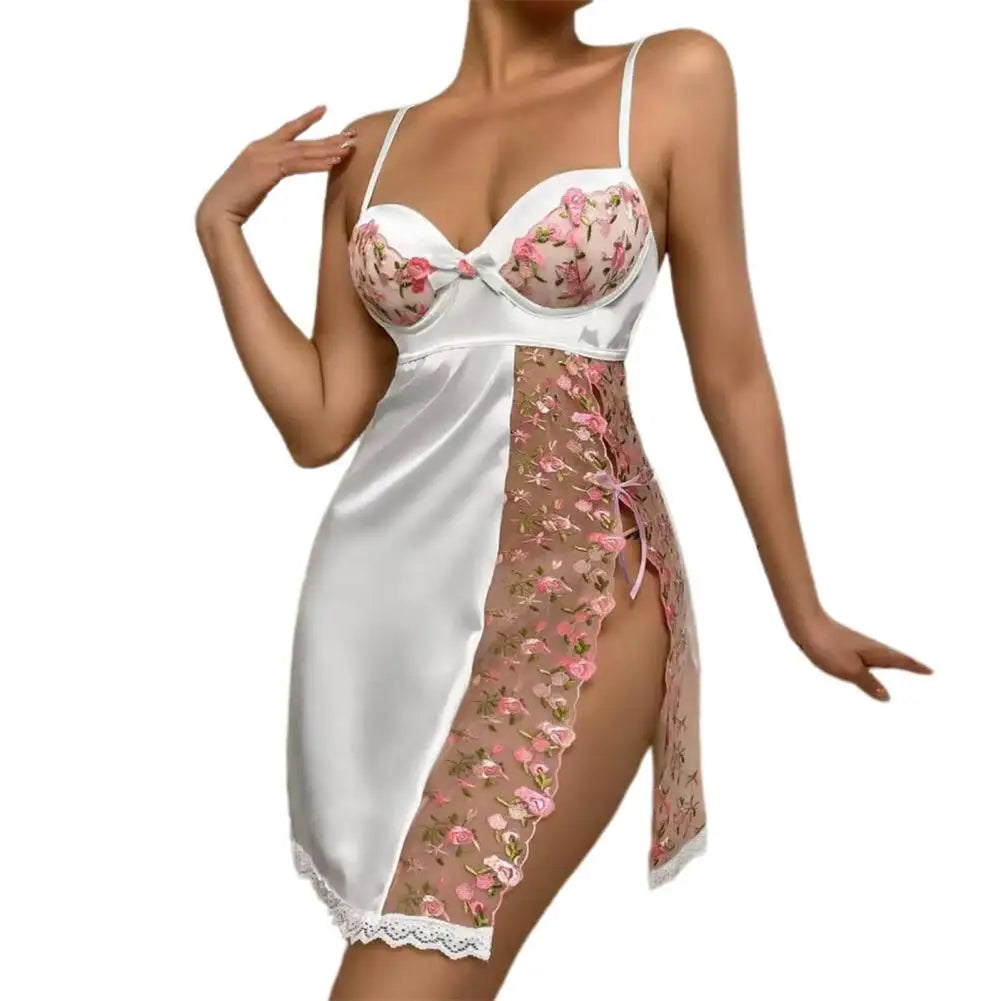 Nuisette Femme Satin Broderie Florale — Décolleté V, Dos Nu, Sexy Été