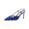 Escarpins Satin Strass Fleur Talon Haut Bleu — Bout Pointu, Bride Dos, Mariage Soirée