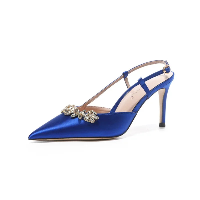 Escarpins Satin Strass Fleur Talon Haut Bleu — Bout Pointu, Bride Dos, Mariage Soirée