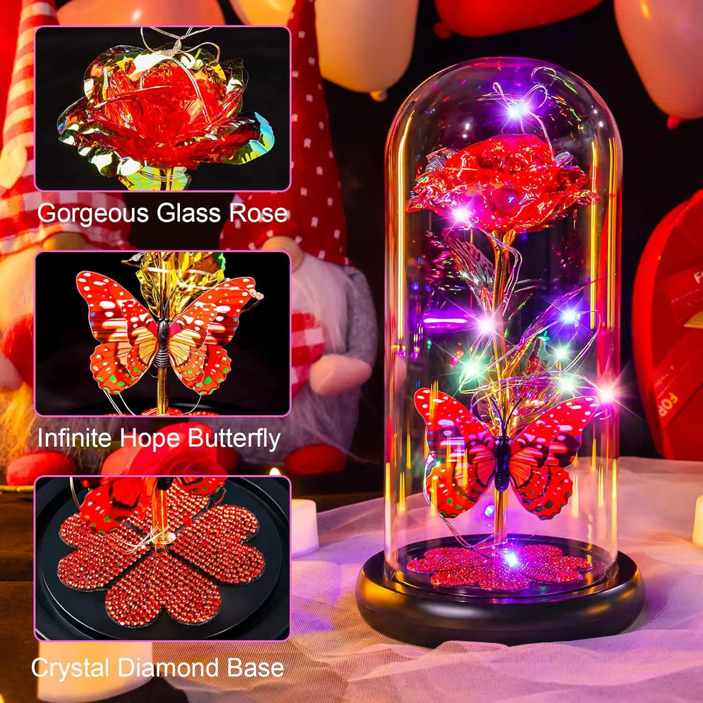 Rose Éternelle en Verre sous Cloche avec Lumière – Cadeau Fête des Mères