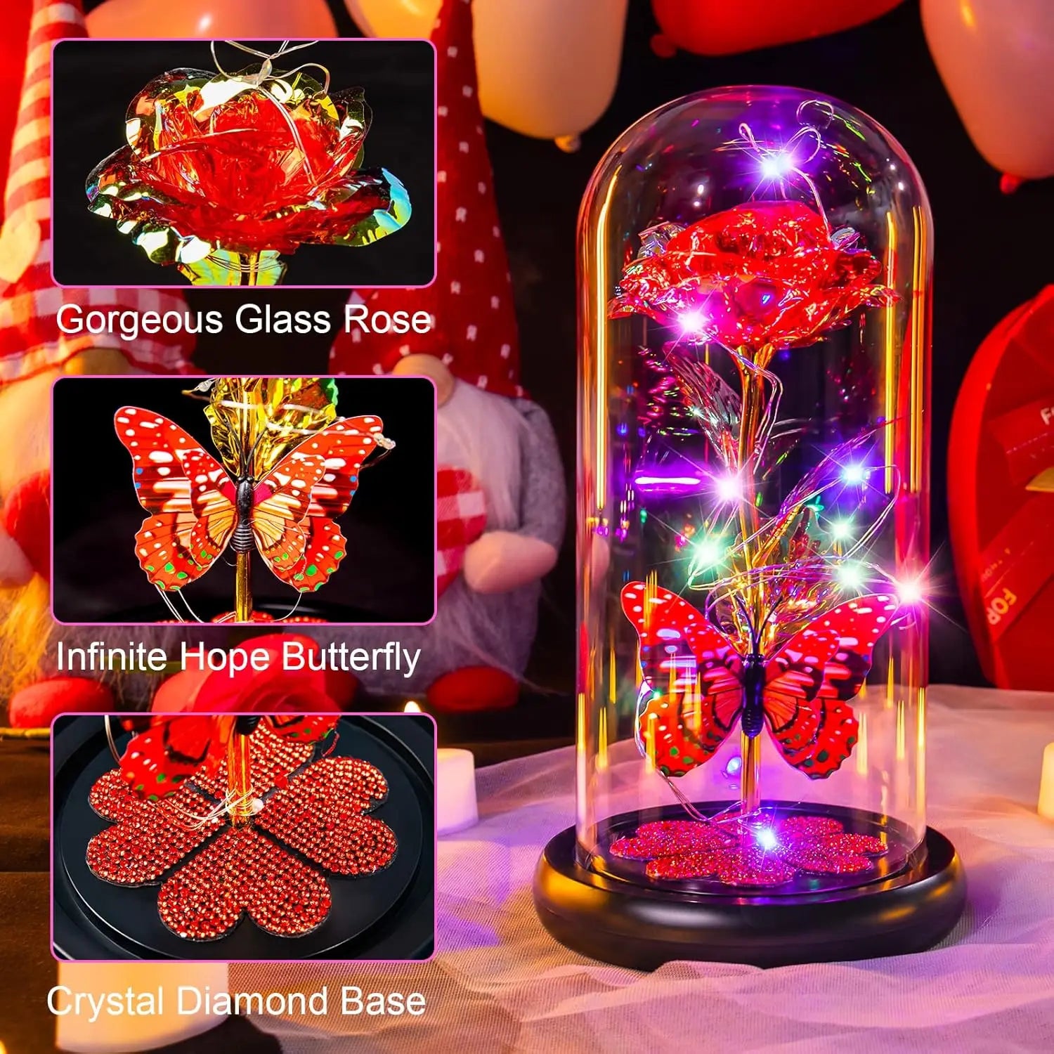 Rose Éternelle en Verre sous Cloche avec Lumière – Cadeau Fête des Mères