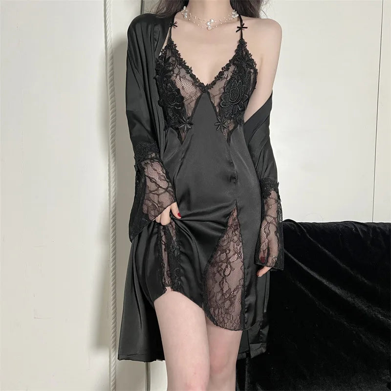 Robe de Chambre Femme Broderie Sexy — Dentelle Satin, Kimono Mariage Été