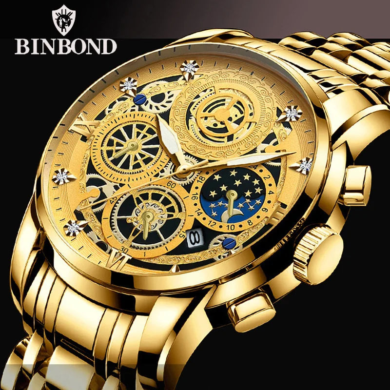 Montre Homme BINBOND Luxe Quartz — Acier Inoxydable, Lumineux, Étanche 30M, Business