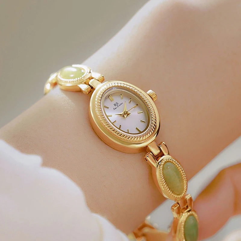 Montre Femme Luxe Strass Ovale — Bracelet Doré, Quartz, Top Marque 2025