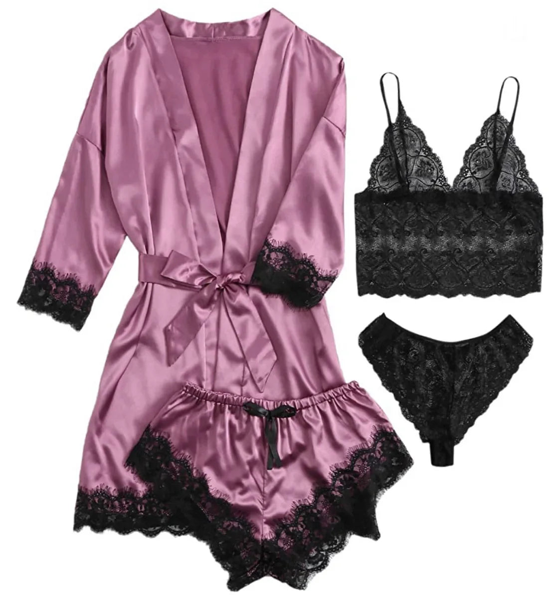 Ensemble Lingerie Femme 4 Pièces Dentelle — Nuisette, Short, Robe de Chambre, Sexy