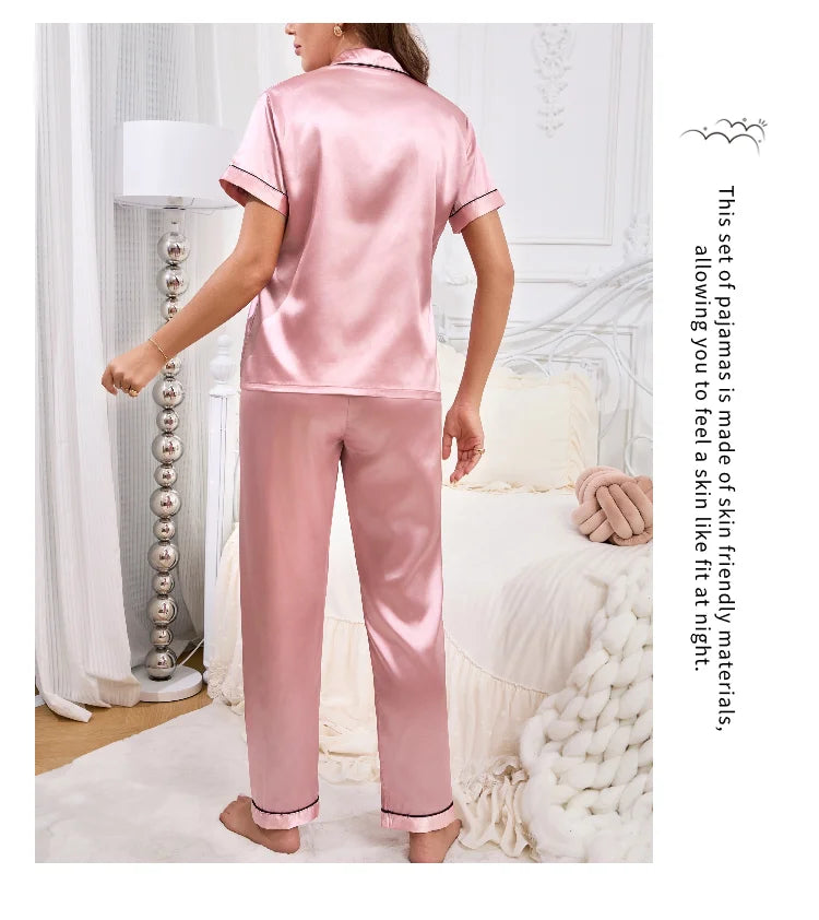 Pyjama Femme Satin Automne 2 Pièces — Haut Boutons Manches Courtes & Pantalon, Doux