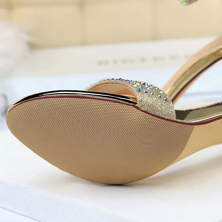 Sandales Femme Strass Cristal Talon Moyen Or — Bride Cheville, Mariage Événement 8.5cm