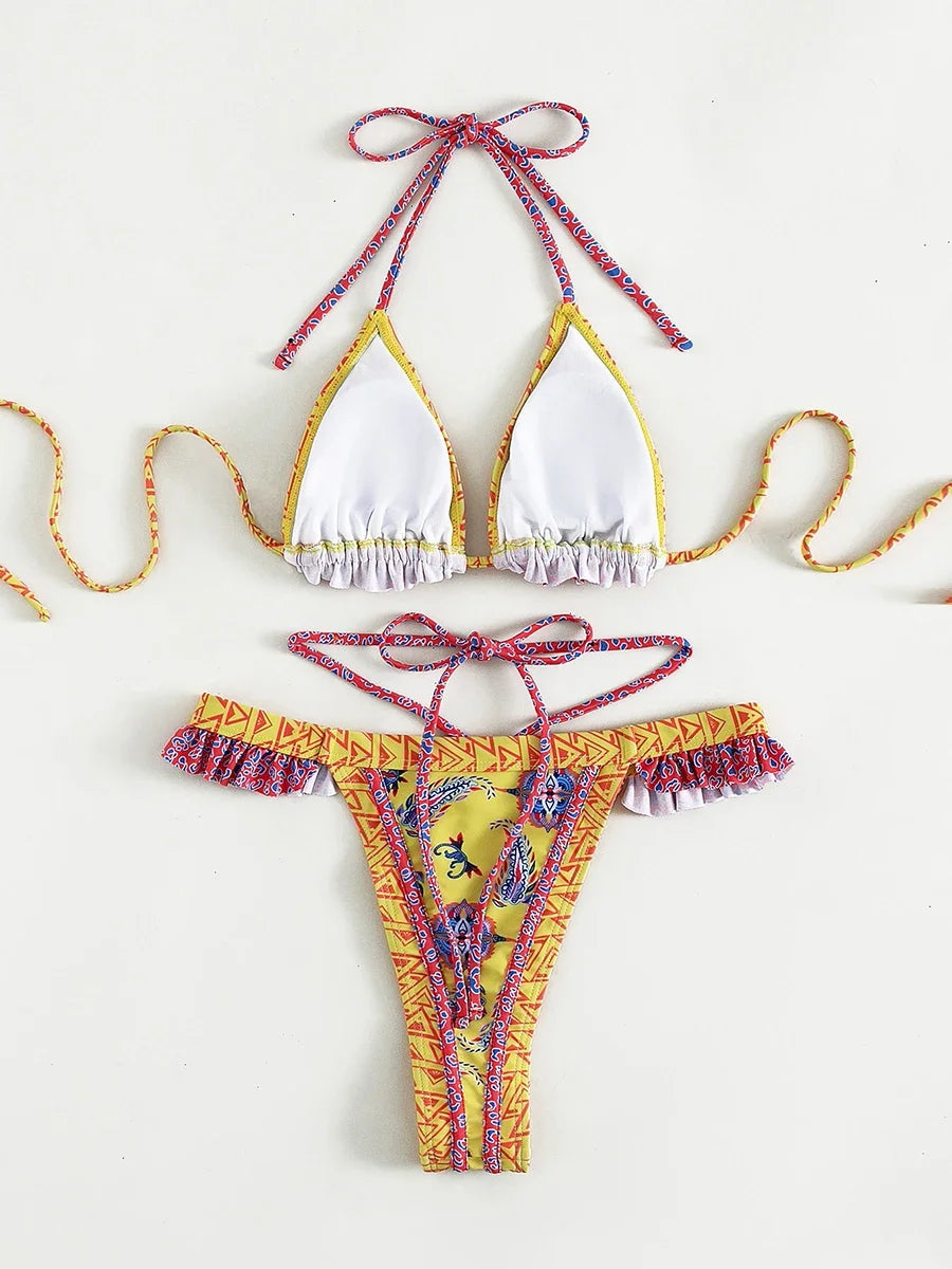 Bikini Halter Floral Volanté Femme — 2 Pièces, Tanga, Maillot de Bain Plage