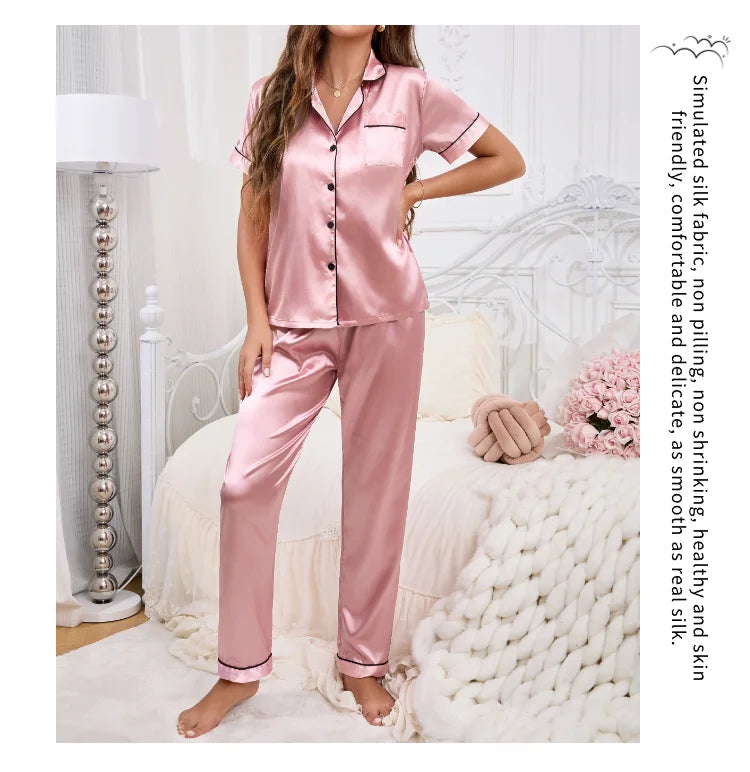 Pyjama Femme Satin Automne 2 Pièces — Haut Boutons Manches Courtes & Pantalon, Doux