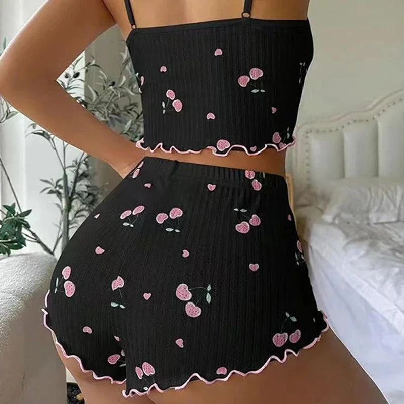 Pyjama Femme Été Imprimé Cœur — Top Cami Dos Nu & Short, Sexy Lounge
